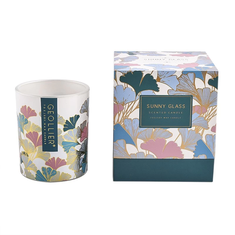 Supplier 8oz 10oz colored gingko leaf decal paper pattern glass candle jar with box 