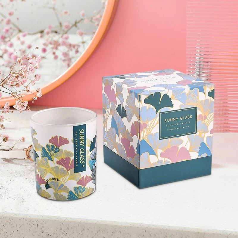 Supplier 8oz 10oz colored gingko leaf decal paper pattern glass candle jar with box 