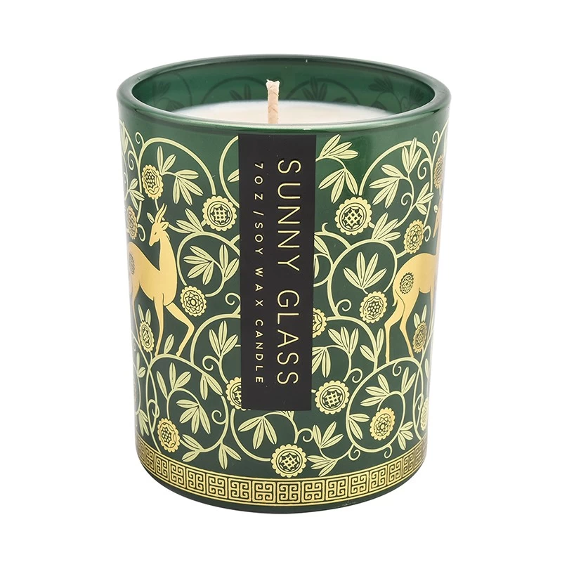 Wholesale green glass candle jar tibetan antelope decal paper pattern candle holder decoration