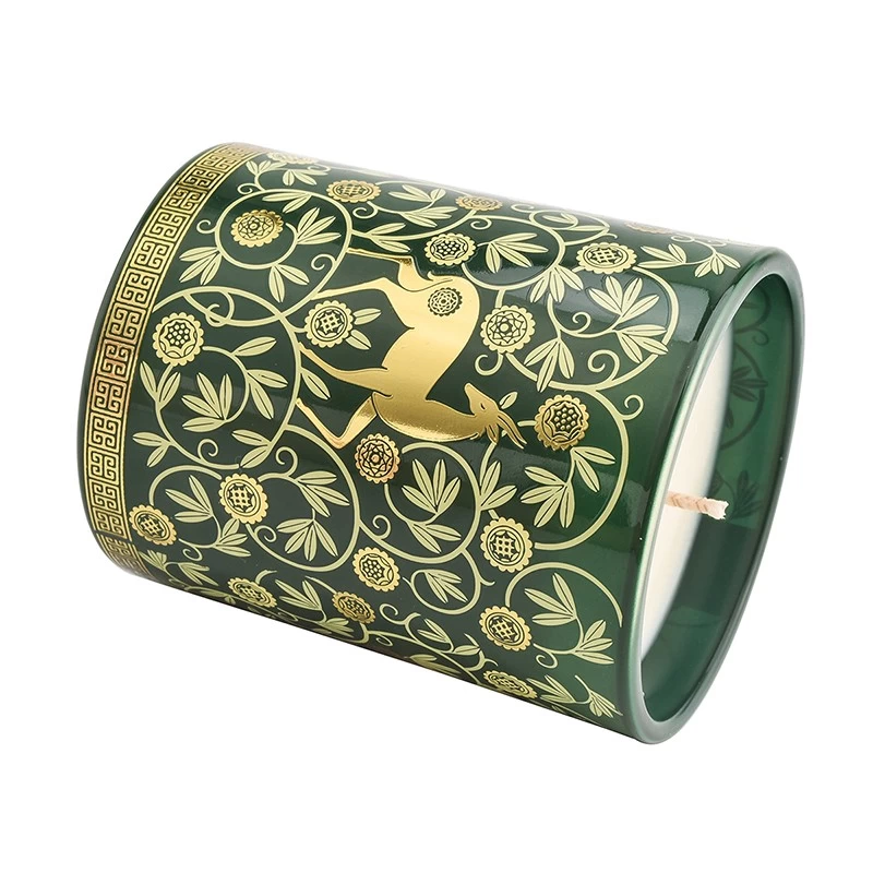 Wholesale green glass candle jar tibetan antelope decal paper pattern candle holder decoration