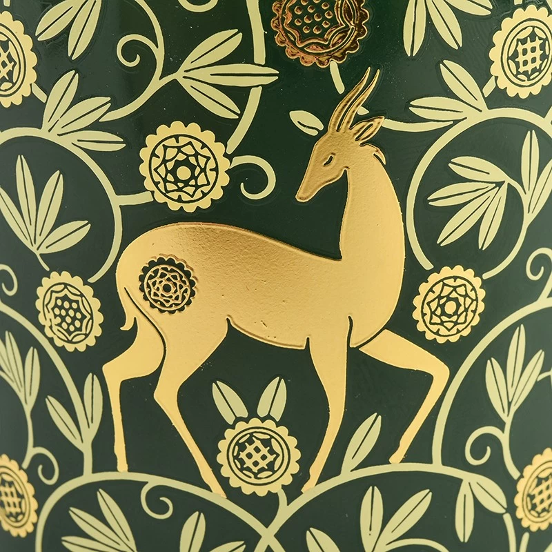 Wholesale green glass candle jar tibetan antelope decal paper pattern candle holder decoration