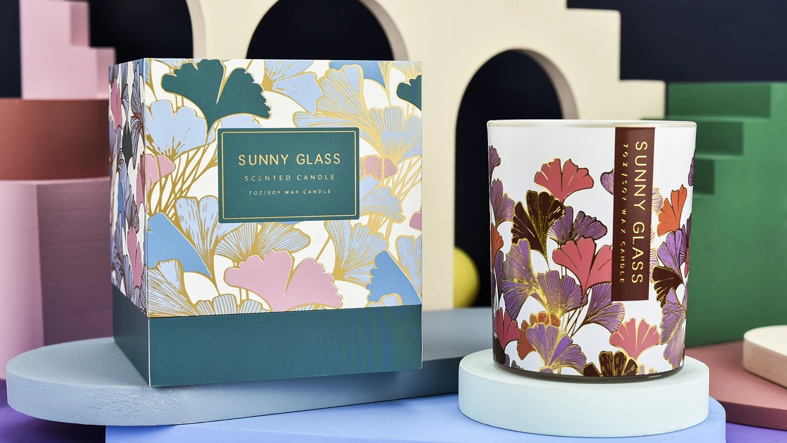 Wholesale custom gingko leaf decal paper pattern glass candle jar with packaging box