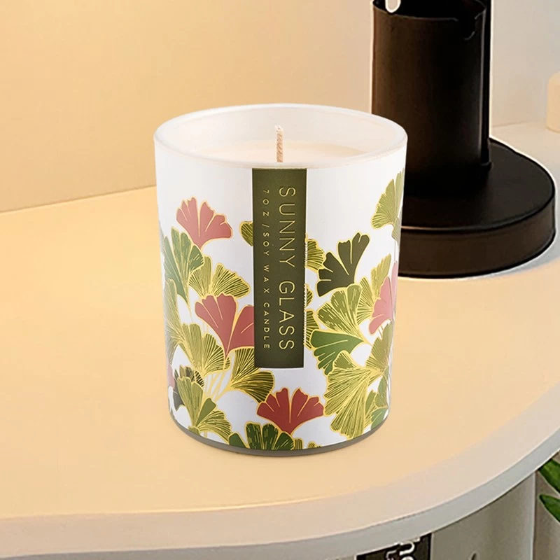 Luxury custom colored gingko leaf decal paper pattern glass candle jar with packing box