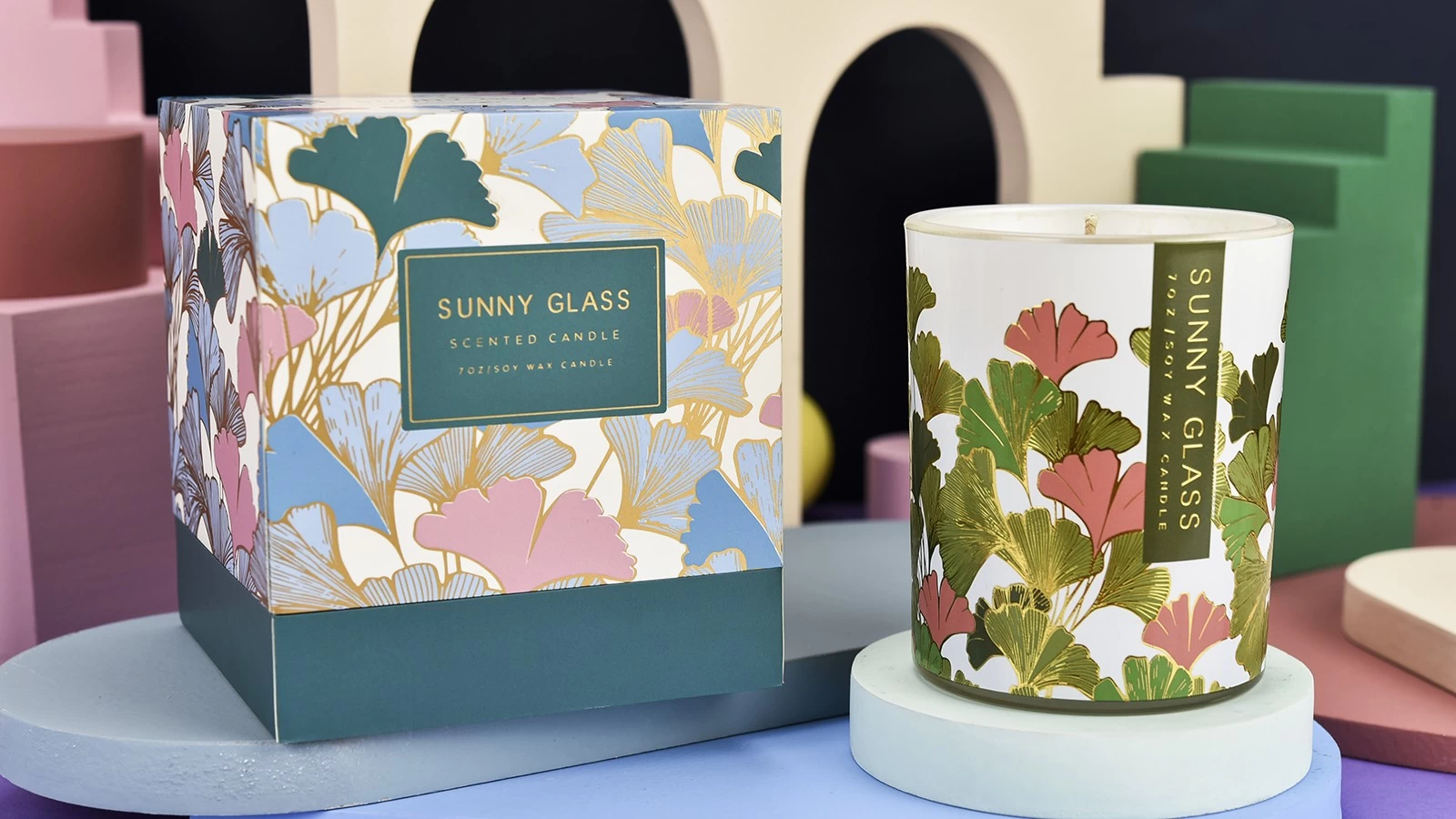 Luxury custom colored gingko leaf decal paper pattern glass candle jar with packing box