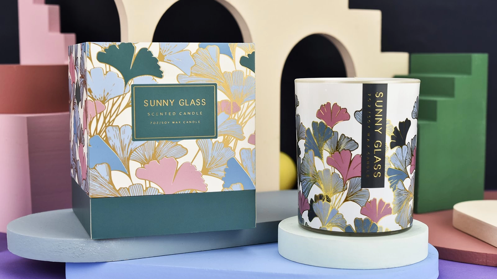 Supplier 300ml ginkgo leaf decal paper pattern  glass candle jar with packaging box