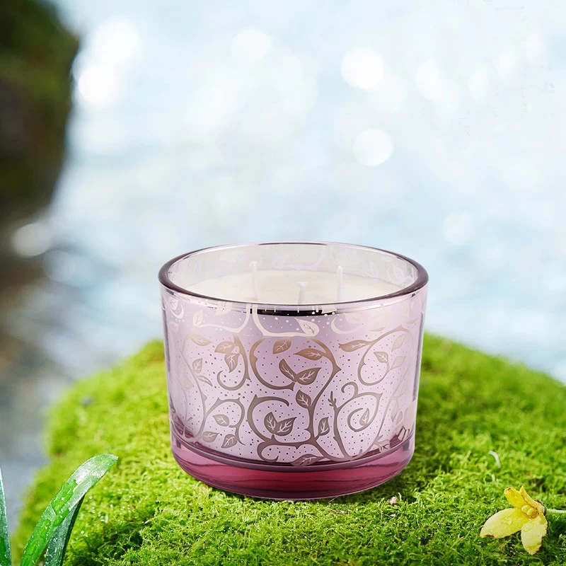 Wholesale pink unique leaf pattern three core large glass candle jar