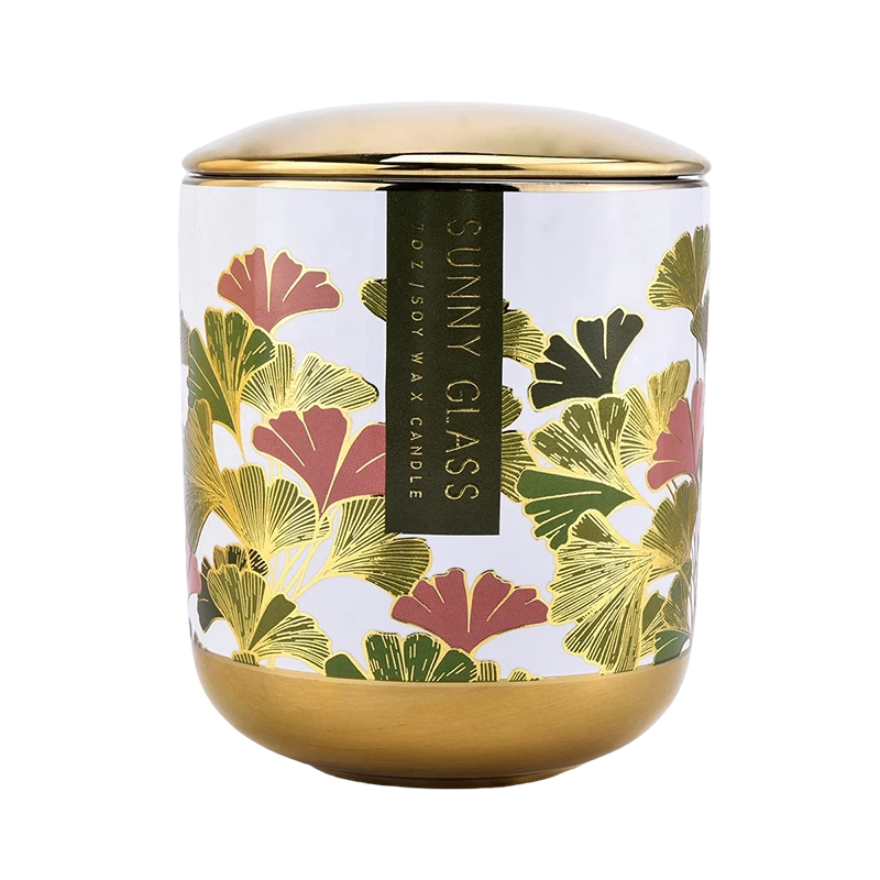 All'ingrosso 10 once da 12 once di lussuoso barattolo di candela in ceramica a foglia gingko con coperchio