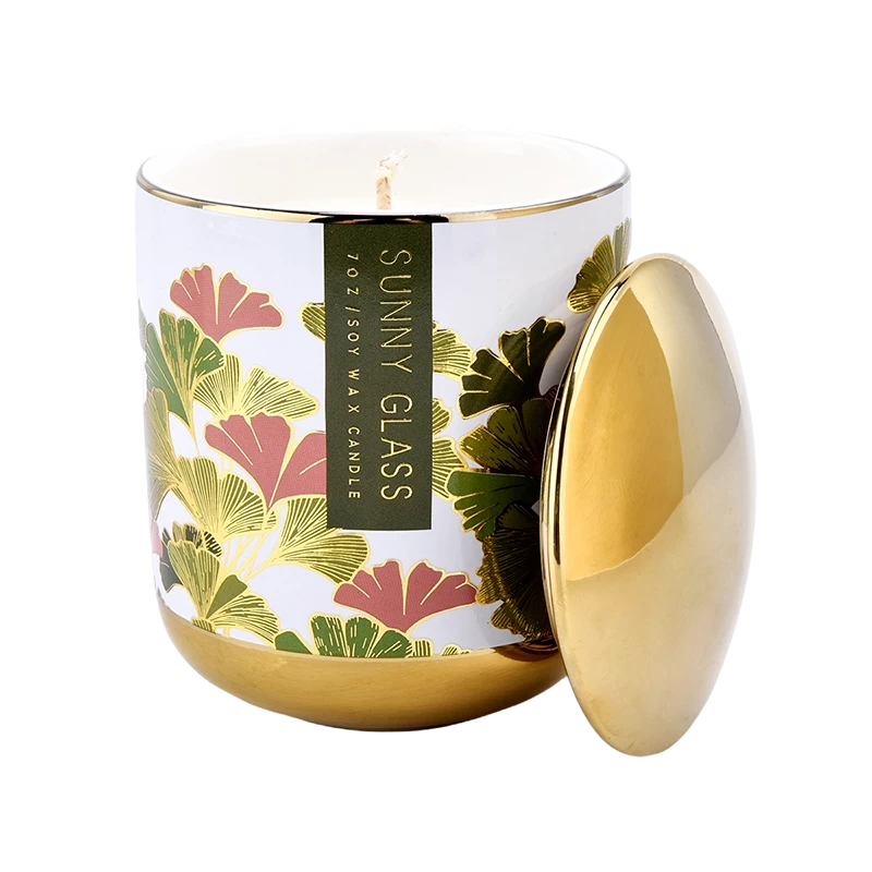 Luxury custom gingko leaf ceramic candle jar with lid