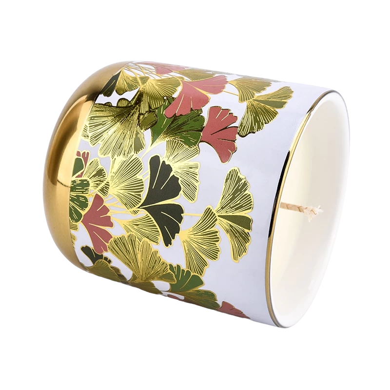 Luxury custom gingko leaf ceramic candle jar with lid