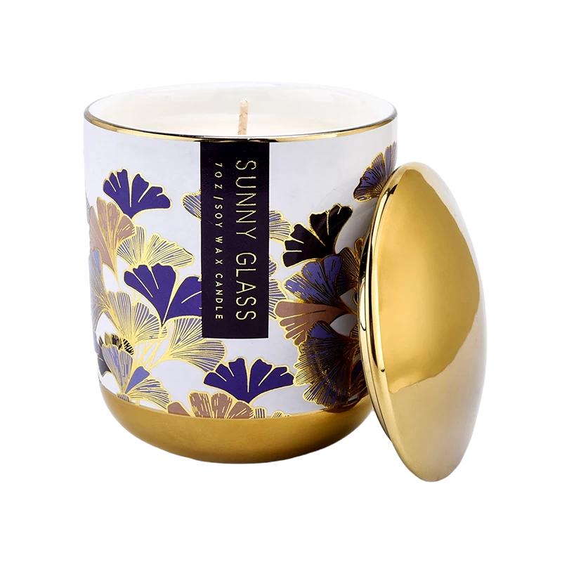 Hurtownia Purple Ginkgo Leaf Ceramic Candle Słoik ze złotą pokrywką