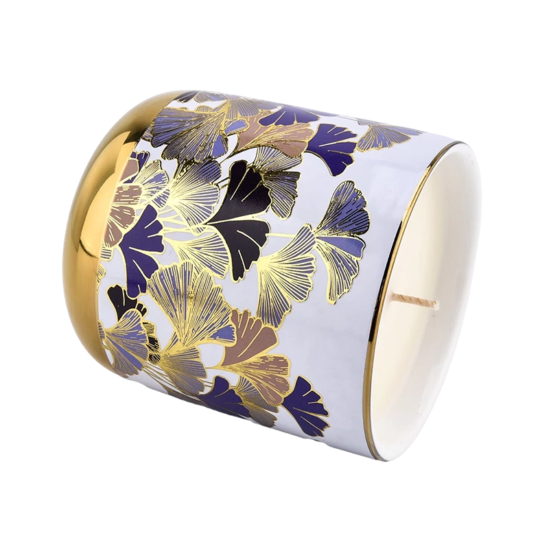 Hurtownia Purple Ginkgo Leaf Ceramic Candle Słoik ze złotą pokrywką