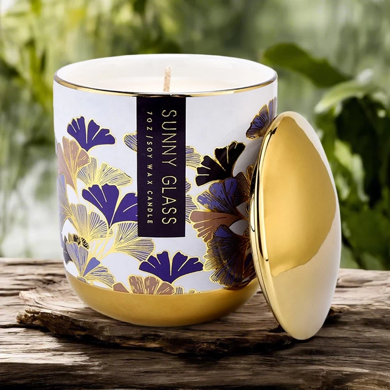 Wholesale purple ginkgo leaf ceramic candle jar with gold lid candle jar