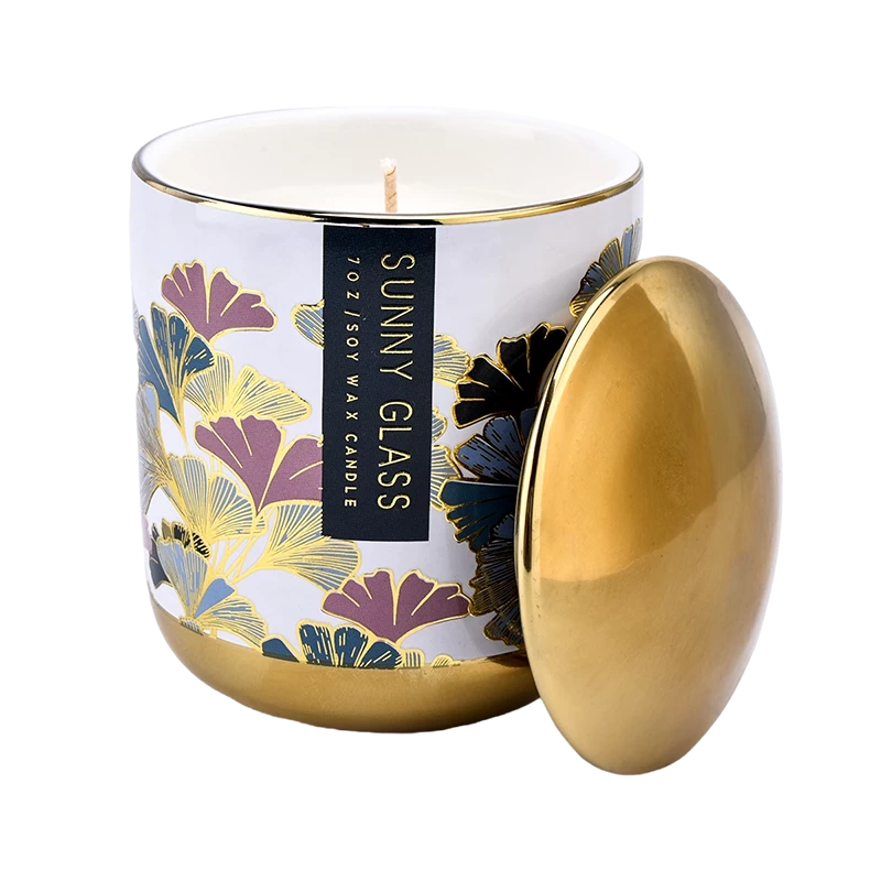 Custom colored gold bottom ceramic candle jar with lid wholesaler