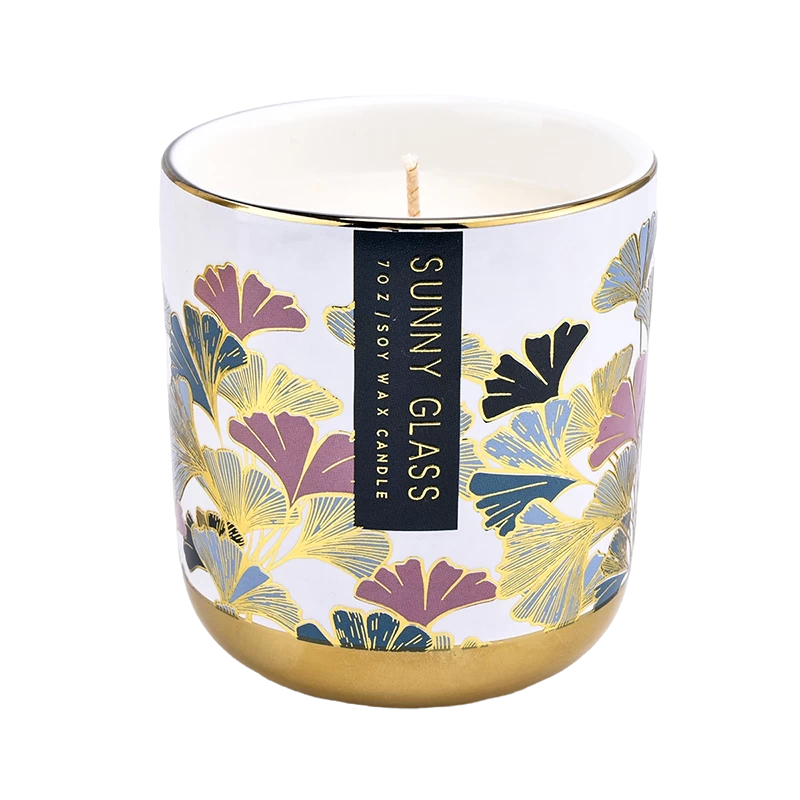 Custom colored gold bottom ceramic candle jar with lid wholesaler
