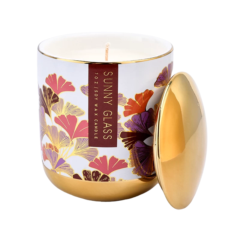Factory direct red gingko leaf gold bottom ceramic candle jar with lid