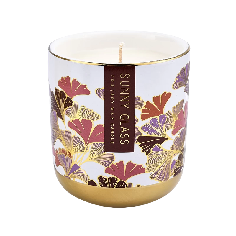 Factory direct red gingko leaf gold bottom ceramic candle jar with lid