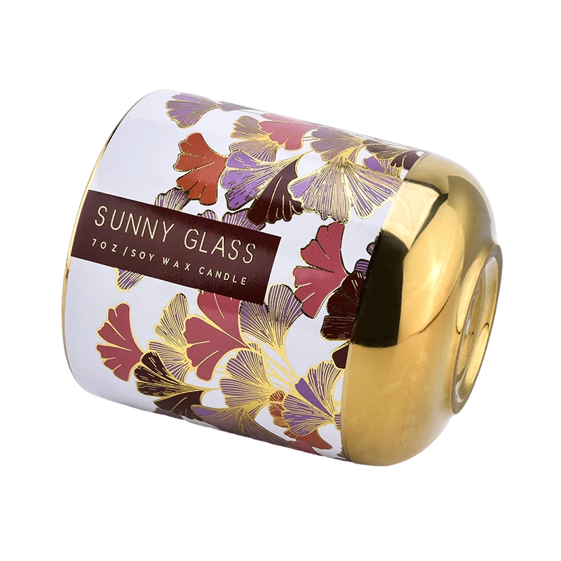 Factory direct red gingko leaf gold bottom ceramic candle jar with lid
