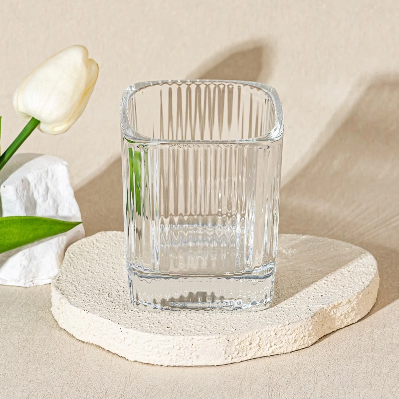 square shape glass candle vessel with stripe 