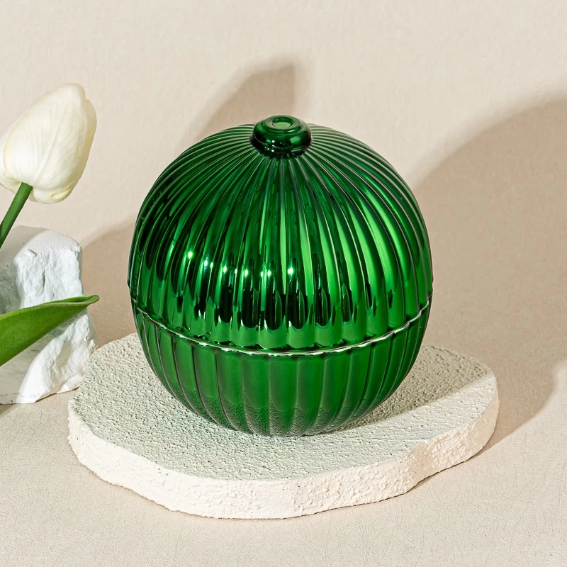 Green Round Ball Glass Candle Vessels With Lids Wholesale