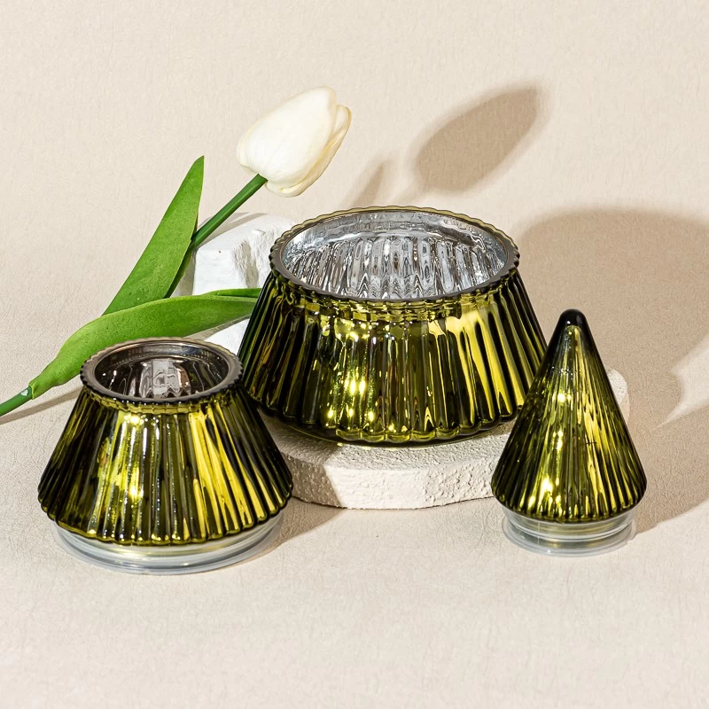 Creative Christmas Tree Style Electroplate Stripe Glass Scented Candle Jar with Lid