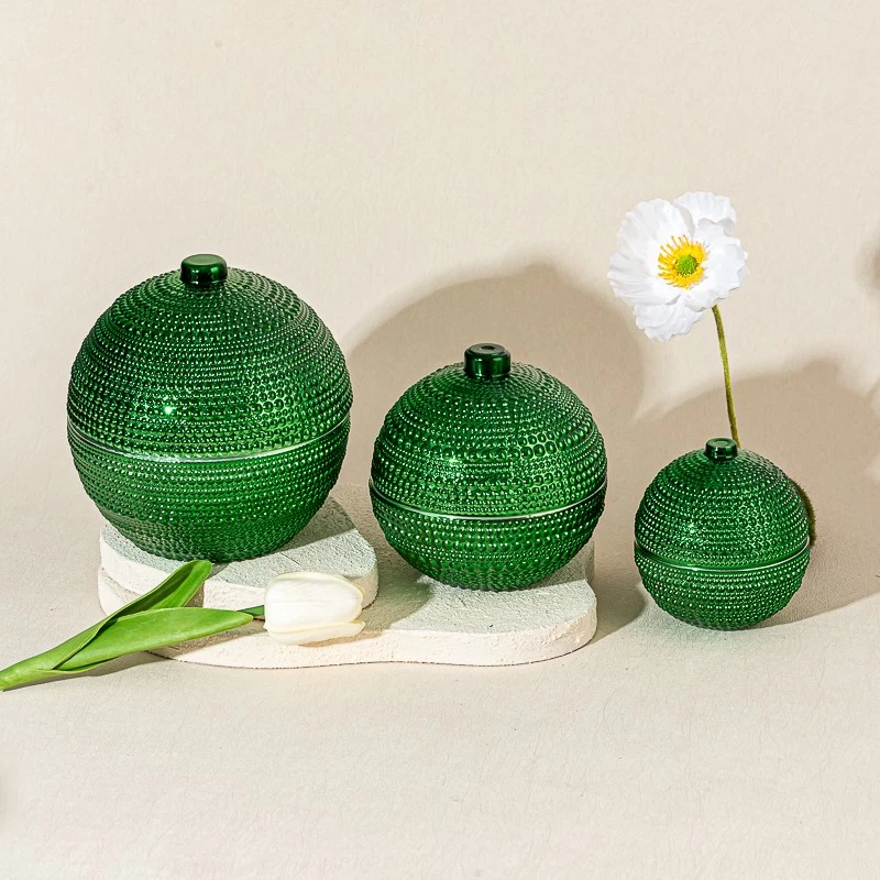 Luxury Green Embossed Ball Shape Glass Candle Jar with Lid Decorative Candle Holder