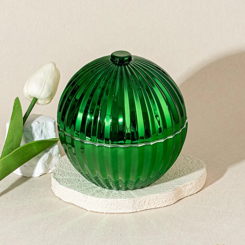 Luxury Green Textured Ball Shape Glass Candle Jar with Lid Decorative Candle Holder