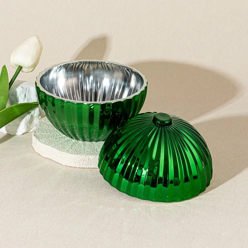 Luxury Green Textured Ball Shape Glass Candle Jar with Lid Decorative Candle Holder