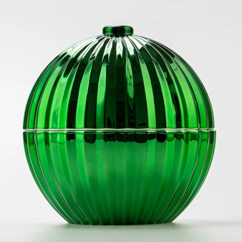Luxury Green Textured Ball Shape Glass Candle Jar with Lid Decorative Candle Holder