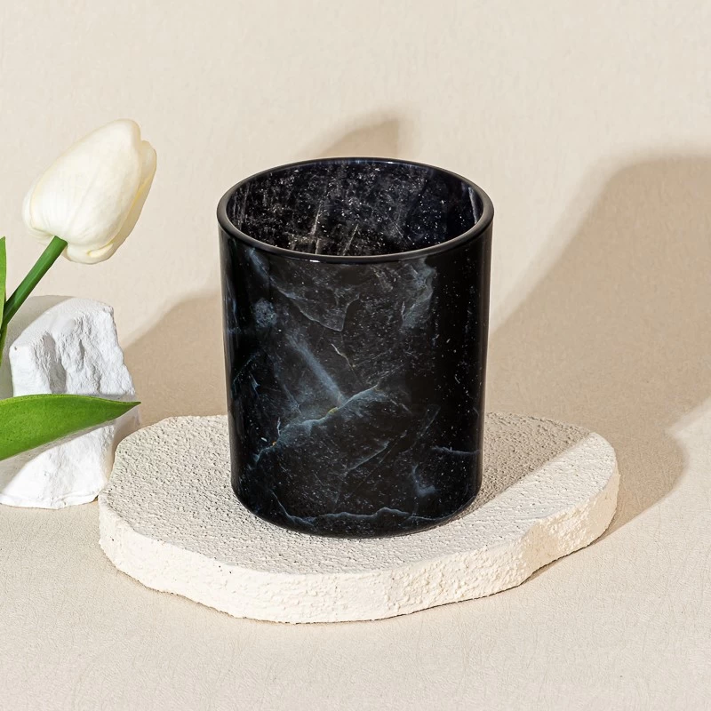 Luxury Black Marble Pattern Glass Candle Holder Jar for Scented Candle