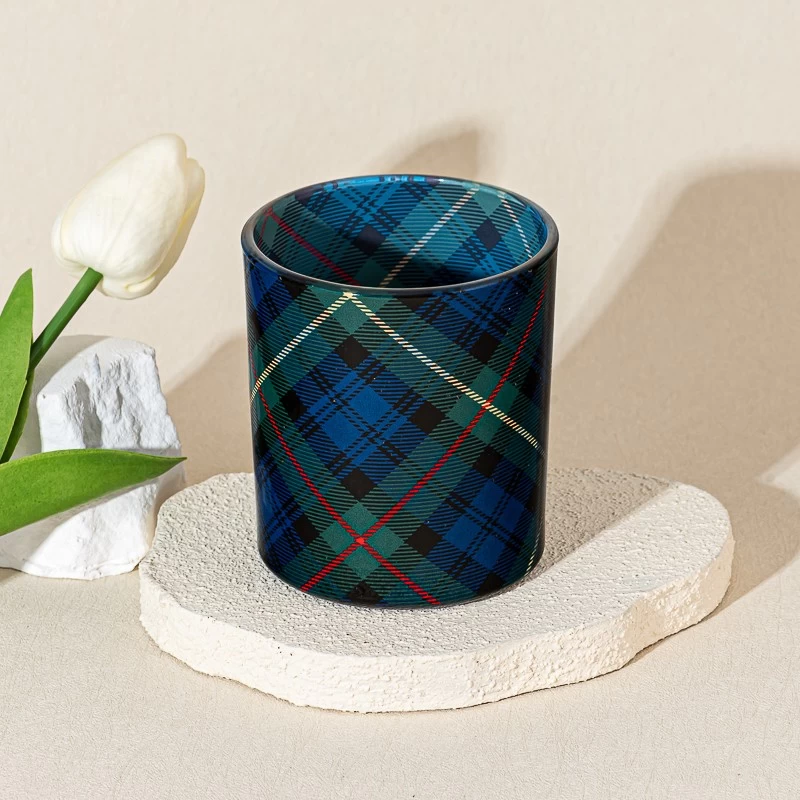Vintage Decal Tartan Design Glass Candle Cup Scented Candle Jar