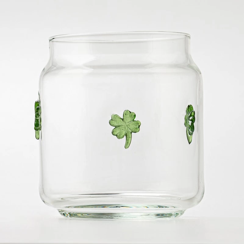 Four Leaf Embellish Clear Glass Candle Jar for Decoration