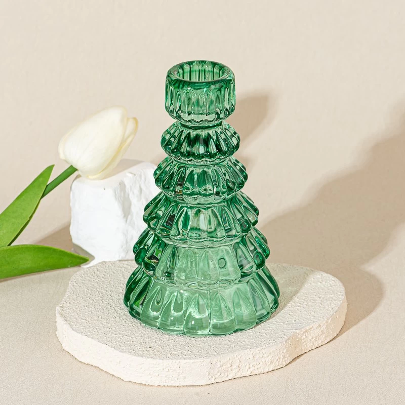 Christmas Tree Shape Green Color Tealight Candle Holder Glass Candle Jar