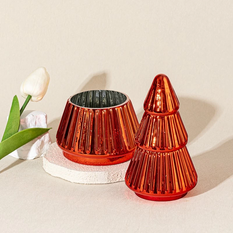 Popular Christmas Tree Style Electroplated Glass Candle Jar with Lid