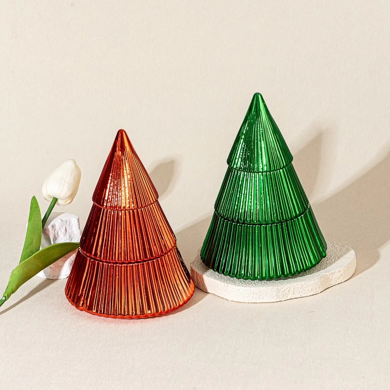 Christmas Tree Style Stripe Surface 350ml Glass Candle Vessel with Cap
