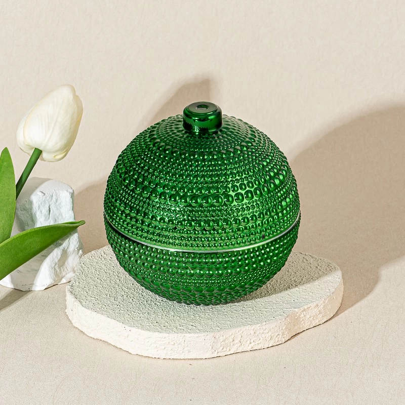 Popular Style Green Embossed Electroplated Glass Candle Jar with Lid