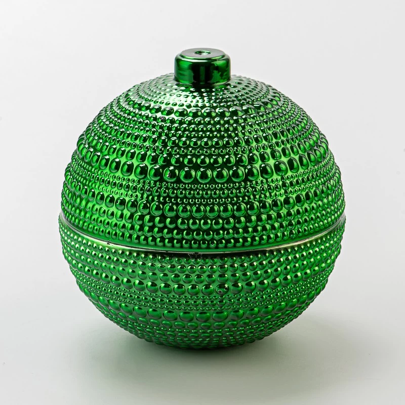 Popular Style Green Embossed Electroplated Glass Candle Jar with Lid