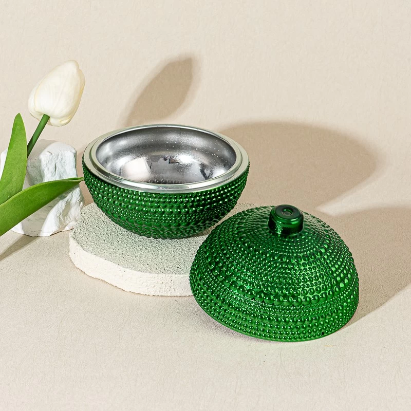 Popular Style Green Embossed Electroplated Glass Candle Jar with Lid
