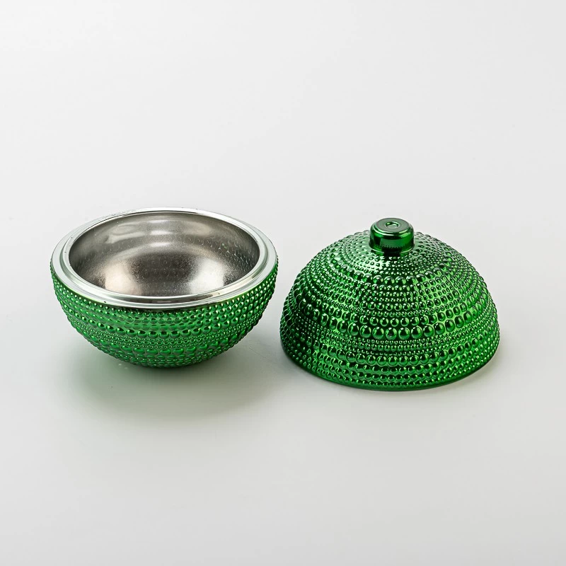 Popular Style Green Embossed Electroplated Glass Candle Jar with Lid