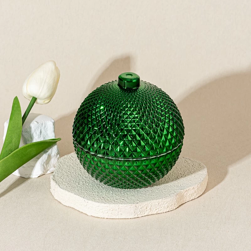 Decorative Green Round Shape Embossed Glass Wax Candle Jar with Glass Lid