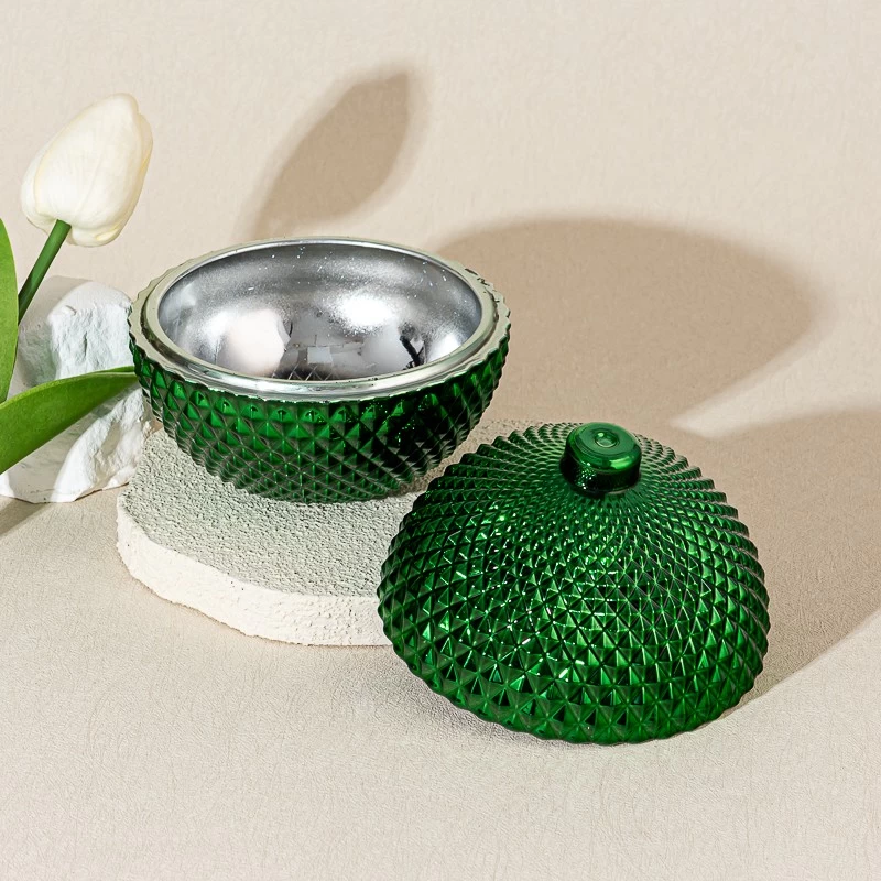 Decorative Green Round Shape Embossed Glass Wax Candle Jar with Glass Lid