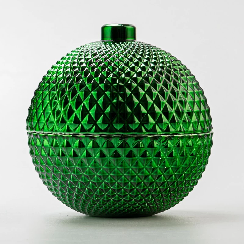 Decorative Green Round Shape Embossed Glass Wax Candle Jar with Glass Lid