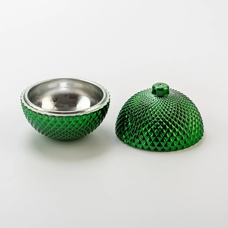 Decorative Green Round Shape Embossed Glass Wax Candle Jar with Glass Lid