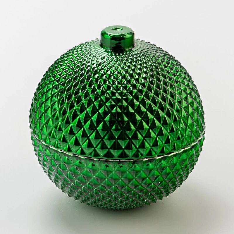 Decorative Green Round Shape Embossed Glass Wax Candle Jar with Glass Lid