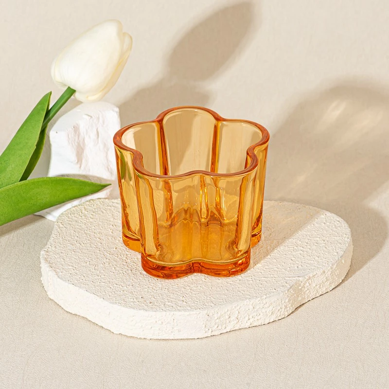 Transparent Amber Color Flower Shape Glass Candle Jar Scented Candle Holder