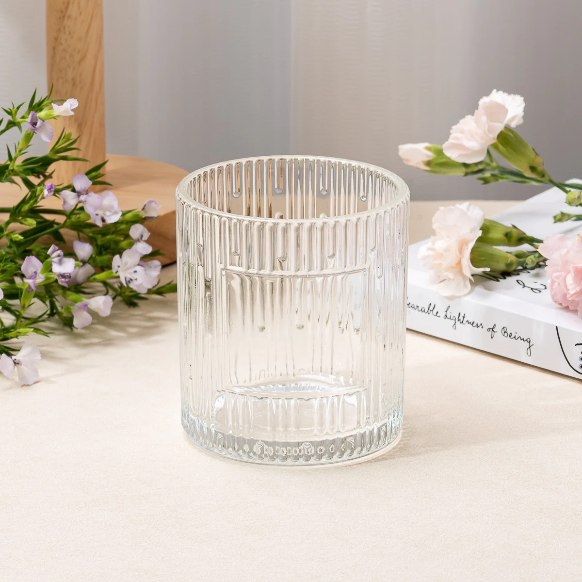 Custom Label Vertical Stripe Surface Glass Scented Candle Jar for Home Decor