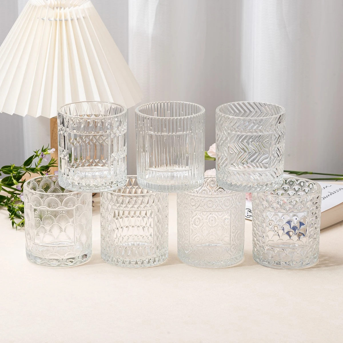 Wholesale 8oz Custom Label Fancy Emboss Surface Glass Vessel Scented Candle Jar