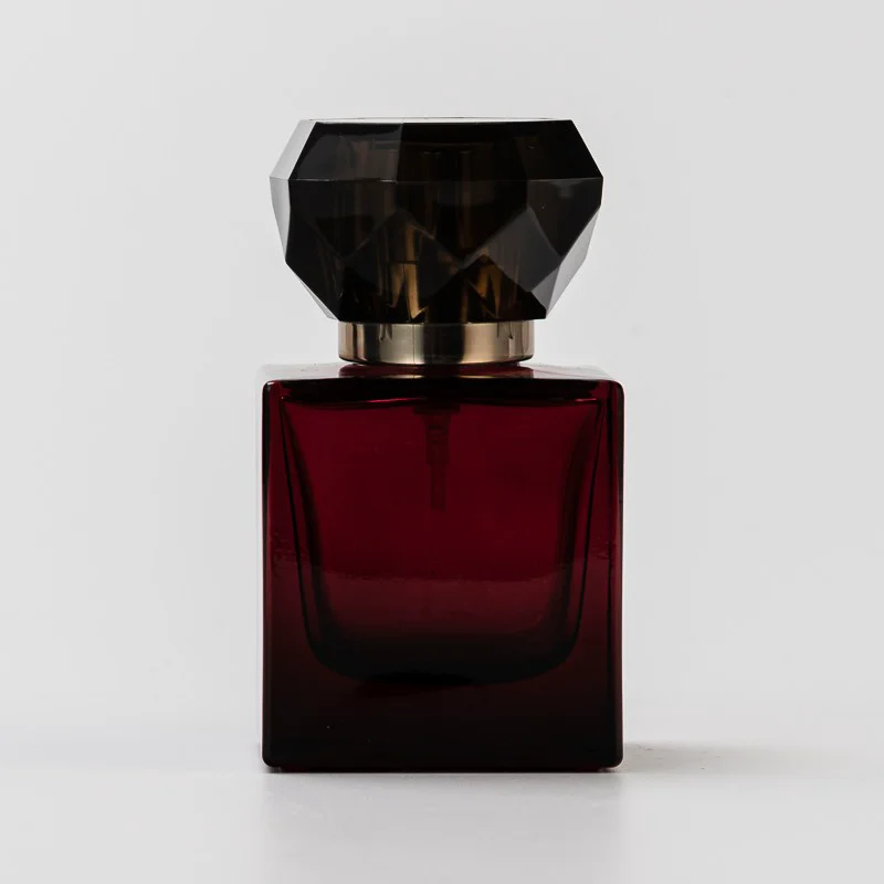 Wholesaling Luxury Dark Red Square Glass Perfume Bottle with Unique Lid