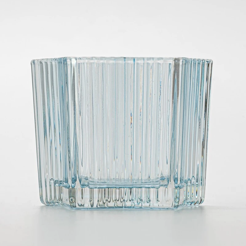 Popular Design Stripe Decor Light Blue Glass Candle Jar for Scented Candle