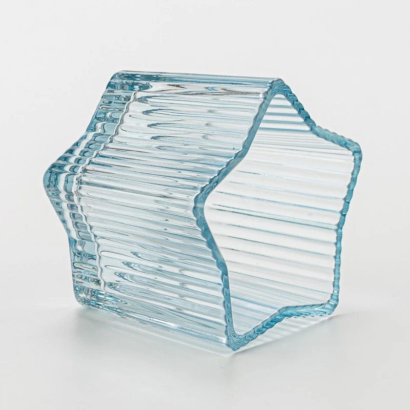 Popular Design Stripe Decor Light Blue Glass Candle Jar for Scented Candle