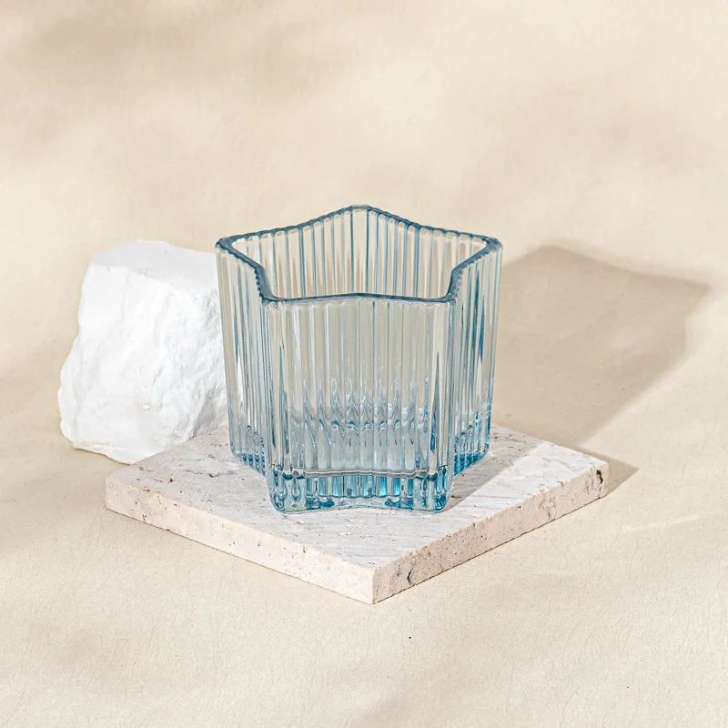 Popular Design Stripe Decor Light Blue Glass Candle Jar for Scented Candle